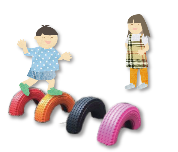 タイヤの遊具で遊ぶ男の子と見守る先生のイラスト