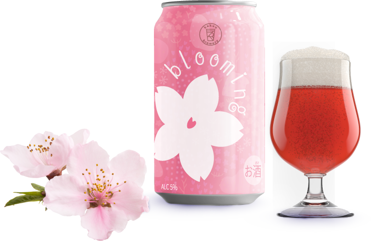 blooming商品写真、350ml缶とグラスに入ったビール、桜の花