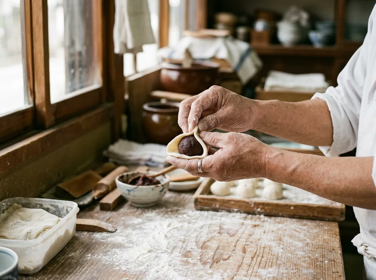 餡を包む職人の手元