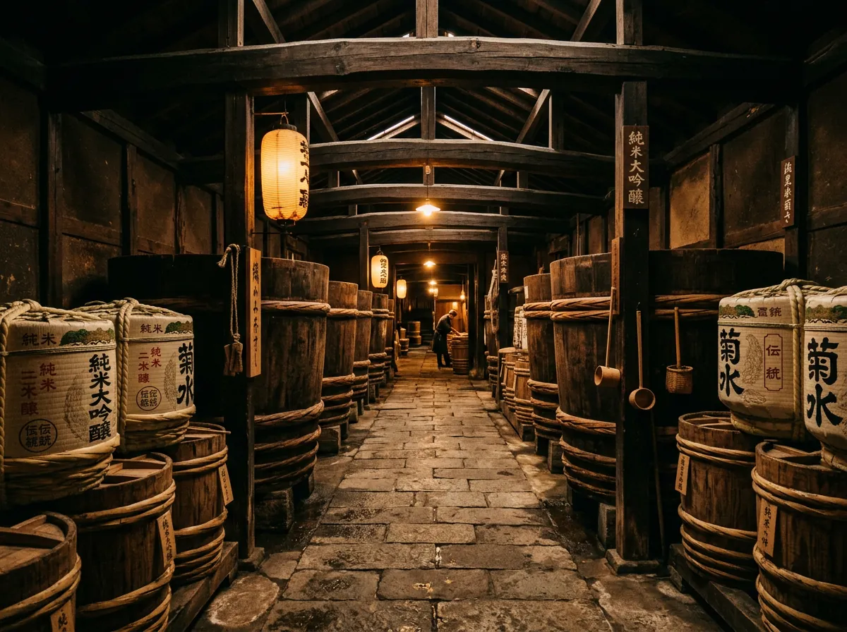 酒蔵内部と木樽