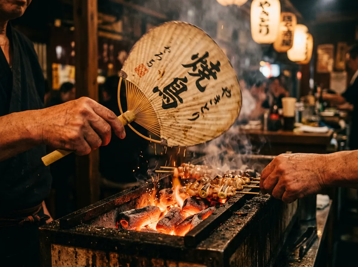 備長炭を扇ぐ手元