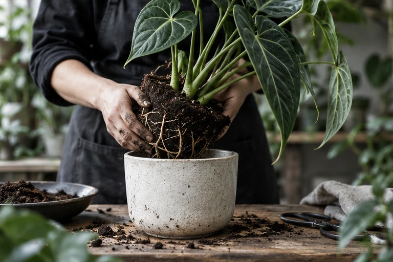 鉢から植物を取り出して植え替える手元