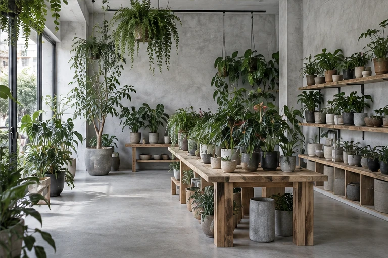 植物と鉢が並ぶ明るい店内のイメージ